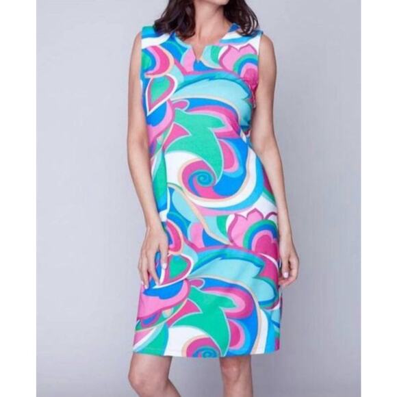 Carre Noir Dress Sz S/P Sheath Jersey Knit Bamboo Cotton Stretch Colorful Print - Picture 1 of 10